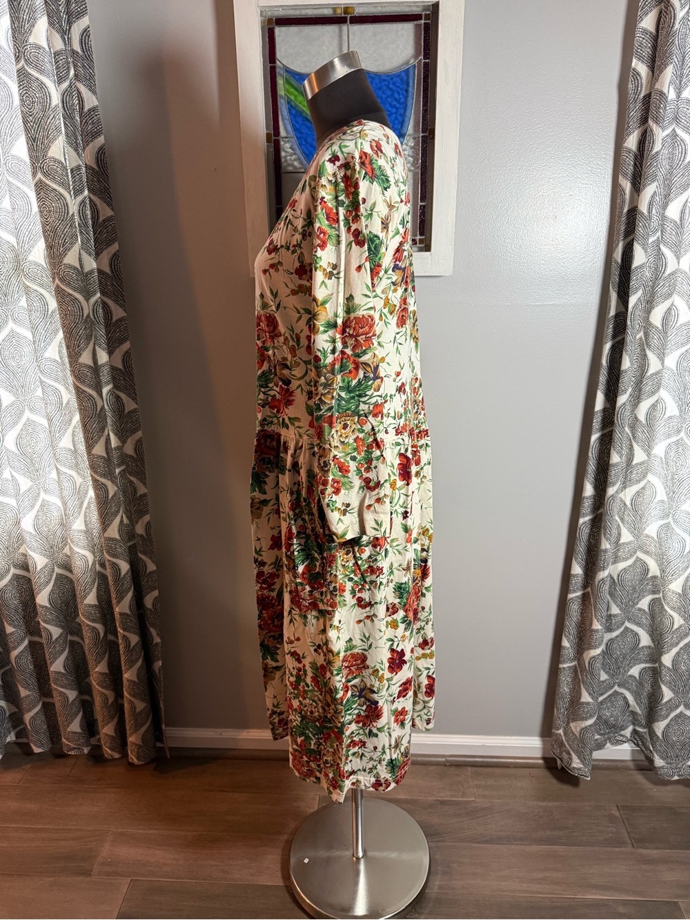 Vintage 80s/90s FADS Floral Drop Waist Midi Dress - Size S - Picture 4 of 8